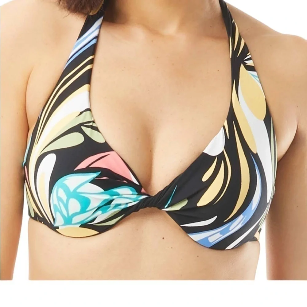 COCO REEF-Verso Convertible Bra Tie-back Cheerful Print &Solid Black Bikini Top